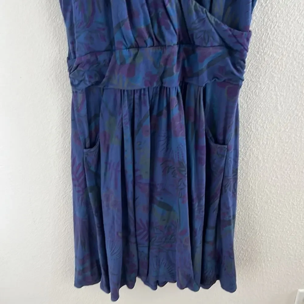 Fresh Produce Blue Floral Dress Front Crossover Slouchy Front Pockets Medium - Picture 4 of 7